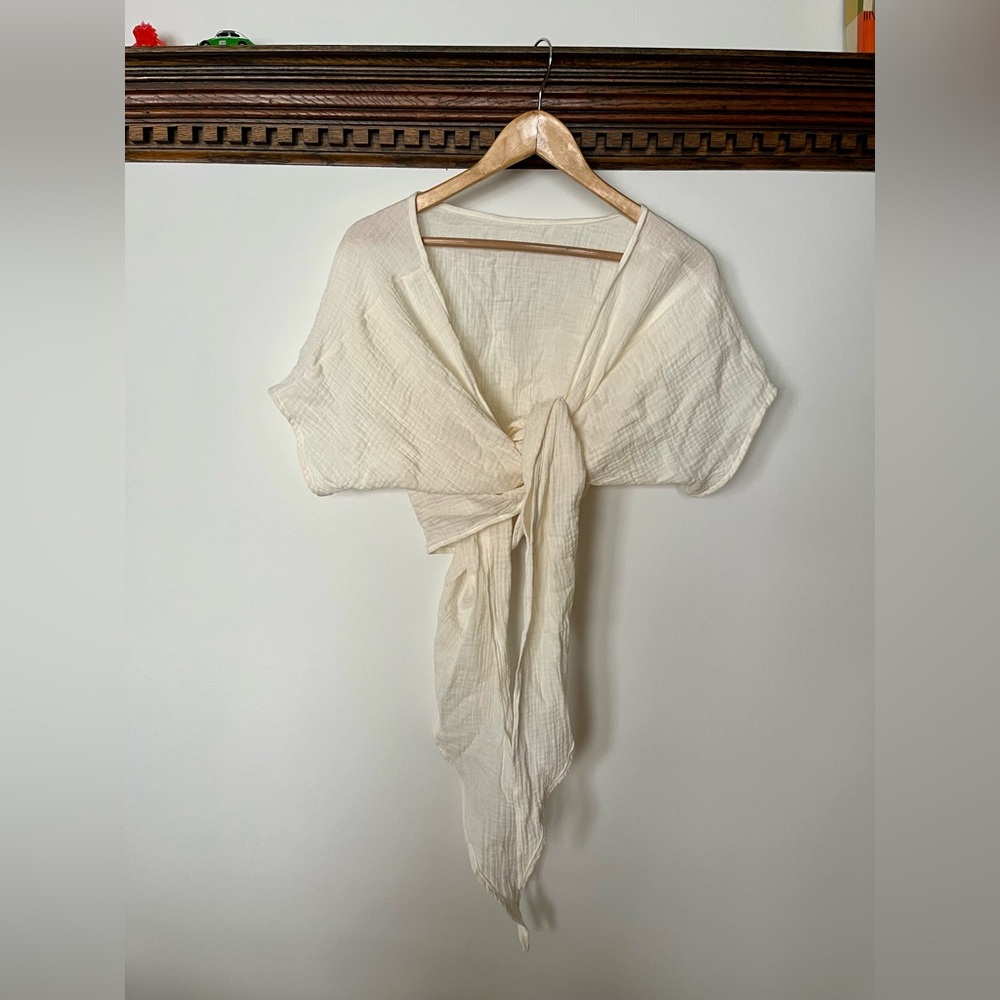 White gauze wrap top.